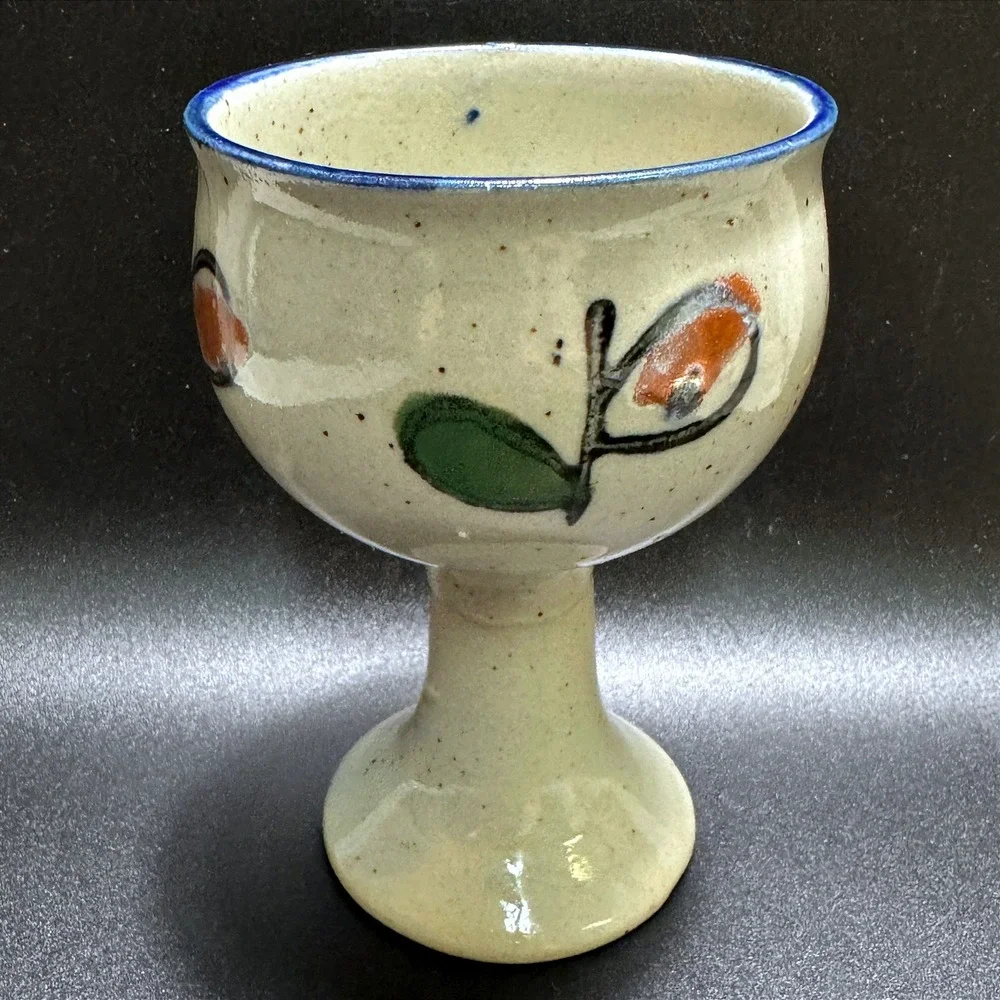 Vintage Pottery Goblet Hand Painted Fruit Speckle Glaze Cobalt Blue Rim Folk Art